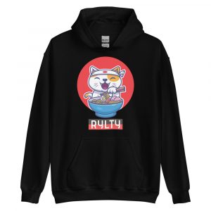 cute cartoon cat with a samurai headband eating ramen noodles on a black hoodie